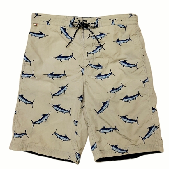 Tommy hilfiger men sharks fish print Blue Tan swim Trunk Swim shorts Size M - Picture 1 of 14